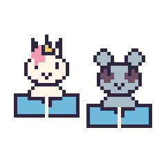 Pixel art Licorne avec un livre et Raton laveur avec un livre, grille 48 × 48