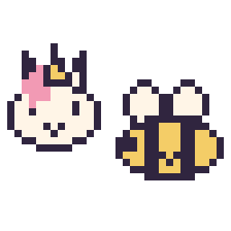 Pixel art Licorne en portrait et Abeille kawaii 16 × 16, grille 32 × 32