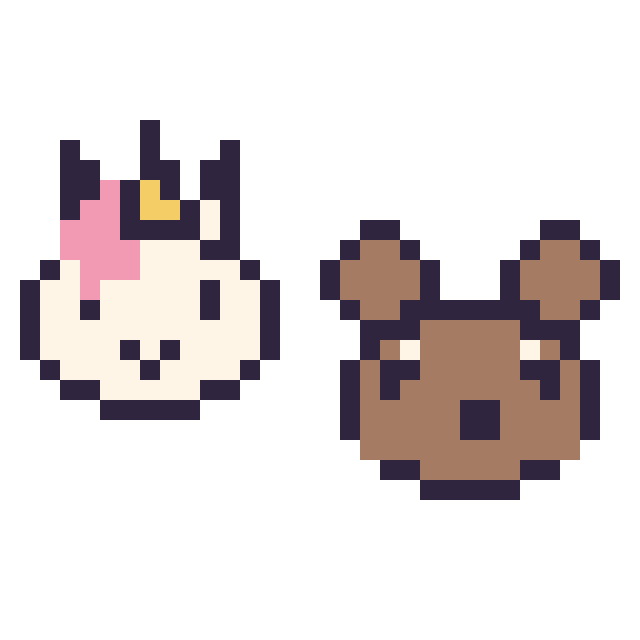 Modèle de pixel art Licorne en portrait et Capybara en portrait sur une grille de 32 par 32 cases