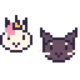 Pixel art Licorne en portrait et Chat noir en portrait, grille 32 × 32