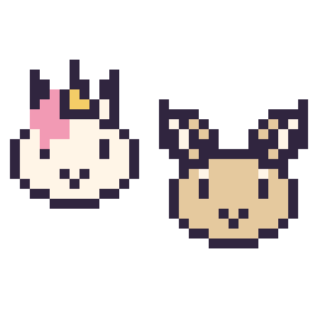 Modèle de pixel art Licorne en portrait et Chèvre en portrait sur une grille de 32 par 32 cases