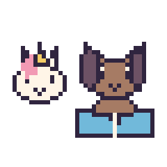 Pixel art Licorne en portrait et Chien avec un livre, grille 40 × 40
