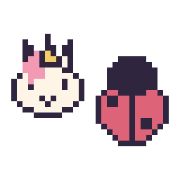 Pixel art Licorne en portrait et Coccinelle simple 16 × 16, grille 32 × 32