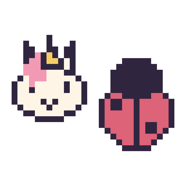 Modèle de pixel art Licorne en portrait et Coccinelle simple 16 × 16 sur une grille de 32 par 32 cases