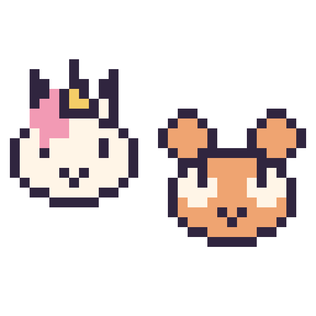 Modèle de pixel art Licorne en portrait et Hamster en portrait sur une grille de 32 par 32 cases