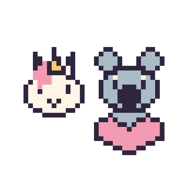 Modèle de pixel art Licorne en portrait et Koala avec un cœur sur une grille de 40 par 40 cases