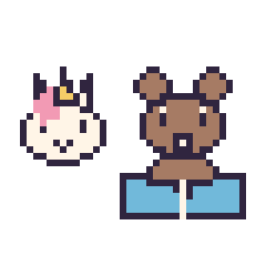 Pixel art Licorne en portrait et Loutre avec un livre, grille 40 × 40