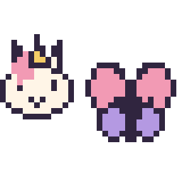 Pixel art Licorne en portrait et Papillon kawaii 16 × 16, grille 32 × 32