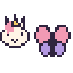 Pixel art Licorne en portrait et Papillon simple 16 × 16, grille 32 × 32