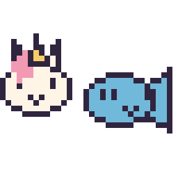 Pixel art Licorne en portrait et Poisson kawaii 16 × 16, grille 32 × 32