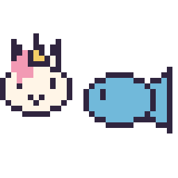 Pixel art Licorne en portrait et Poisson simple 16 × 16, grille 32 × 32