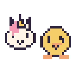 Pixel art Licorne en portrait et Poussin kawaii 16 × 16, grille 32 × 32