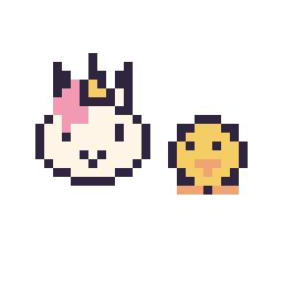 Pixel art Licorne en portrait et Poussin simple 10 × 10, grille 32 × 32