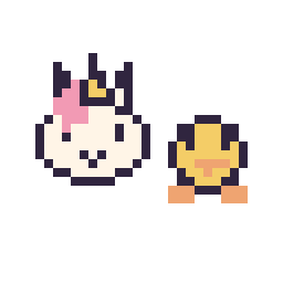 Pixel art Licorne en portrait et Poussin simple 12 × 12, grille 32 × 32