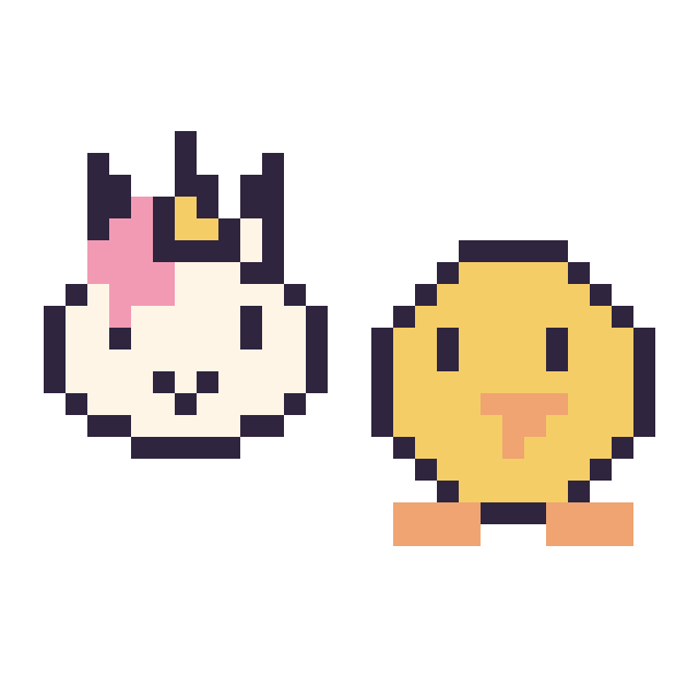 Modèle de pixel art Licorne en portrait et Poussin simple 16 × 16 sur une grille de 32 par 32 cases