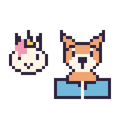 Pixel art Licorne en portrait et Renard avec un livre, grille 40 × 40