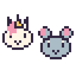Pixel art Licorne en portrait et Souris en portrait, grille 32 × 32