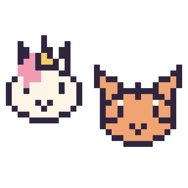 Modèle de pixel art Licorne en portrait et Tigre en portrait sur une grille de 32 par 32 cases
