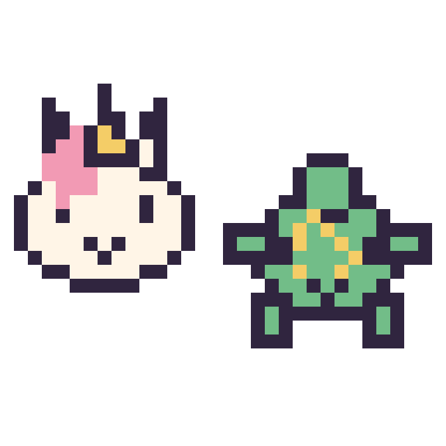 Modèle de pixel art Licorne en portrait et Tortue kawaii 16 × 16 sur une grille de 32 par 32 cases