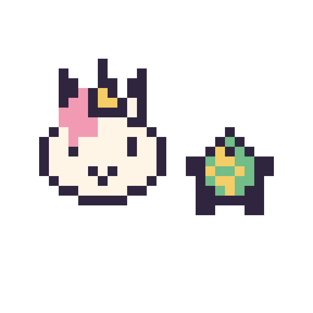 Modèle de pixel art Licorne en portrait et Tortue simple 10 × 10 sur une grille de 32 par 32 cases