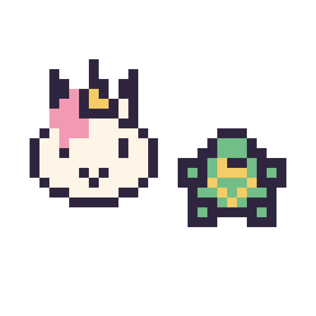 Modèle de pixel art Licorne en portrait et Tortue simple 12 × 12 sur une grille de 32 par 32 cases