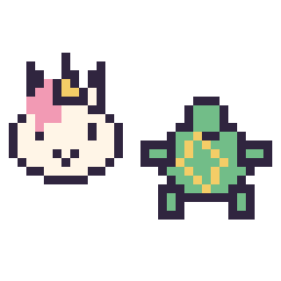 Pixel art Licorne en portrait et Tortue simple 16 × 16, grille 32 × 32
