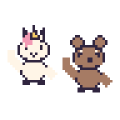 Pixel art Licorne qui fait coucou et Capybara qui fait coucou, grille 48 × 48
