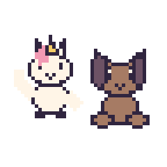 Pixel art Licorne qui fait coucou et Chien assis, grille 48 × 48