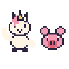 Pixel art Licorne qui fait coucou et Cochon en portrait, grille 40 × 40