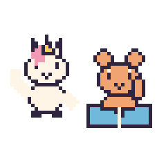 Pixel art Licorne qui fait coucou et Écureuil avec un livre, grille 48 × 48
