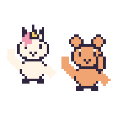 Pixel art Licorne qui fait coucou et Écureuil qui fait coucou, grille 48 × 48