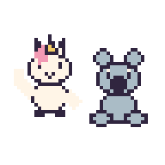 Pixel art Licorne qui fait coucou et Koala assis, grille 48 × 48