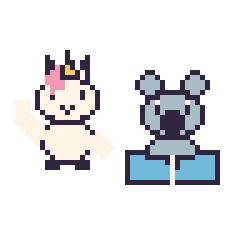 Pixel art Licorne qui fait coucou et Koala avec un livre, grille 48 × 48