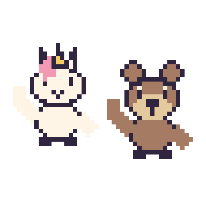 Modèle de pixel art Licorne qui fait coucou et Ours qui fait coucou sur une grille de 48 par 48 cases