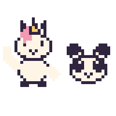 Pixel art Licorne qui fait coucou et Panda en portrait, grille 40 × 40