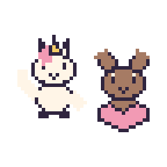 Pixel art Licorne qui fait coucou et Renne avec un cœur, grille 48 × 48