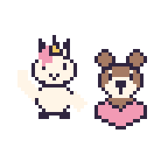 Pixel art Licorne qui fait coucou et Singe avec un cœur, grille 48 × 48