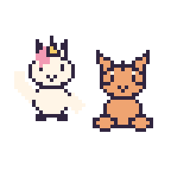 Pixel art Licorne qui fait coucou et Tigre assis, grille 48 × 48