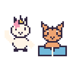 Pixel art Licorne qui fait coucou et Tigre avec un livre, grille 48 × 48