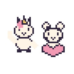 Pixel art Licorne qui fait coucou et Vache avec un cœur, grille 48 × 48