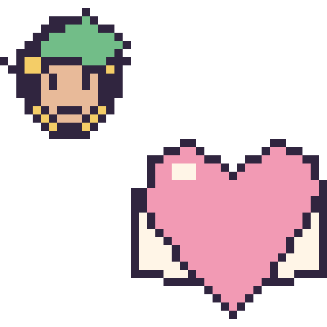 Modèle de pixel art Link mini et Cœur ailé sur une grille de 40 par 40 cases