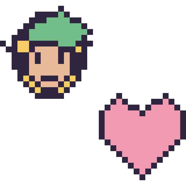 Modèle de pixel art Link mini et Cœur simple 16 × 16 sur une grille de 32 par 32 cases