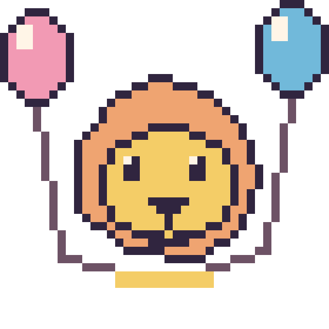 Modèle de pixel art Lion avec des ballons sur une grille de 40 par 40 cases