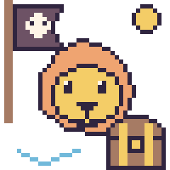 Pixel art Lion en aventure pirate, grille 40 × 40