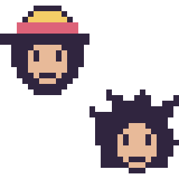 Pixel art Luffy mini et Goku mini, grille 32 × 32