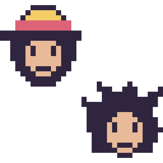 Modèle de pixel art Luffy mini et Goku mini sur une grille de 32 par 32 cases