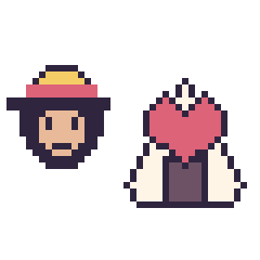 Pixel art Luffy mini et Onigiri avec un cœur, grille 40 × 40