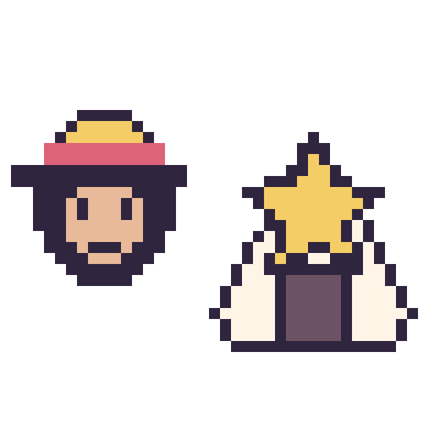Modèle de pixel art Luffy mini et Onigiri avec une étoile sur une grille de 40 par 40 cases