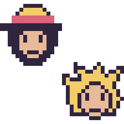 Pixel art Luffy mini et Goku Super Saiyan mini, grille 32 × 32