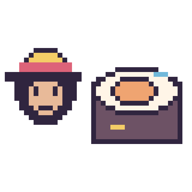 Modèle de pixel art Luffy mini et Sushi décoré sur une grille de 40 par 40 cases